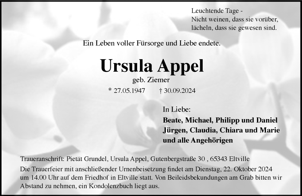  Traueranzeige für Ursula Appel vom 12.10.2024 aus Wiesbadener Kurier