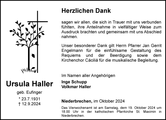 Traueranzeige von Ursula Haller von Nassauische Neue Presse