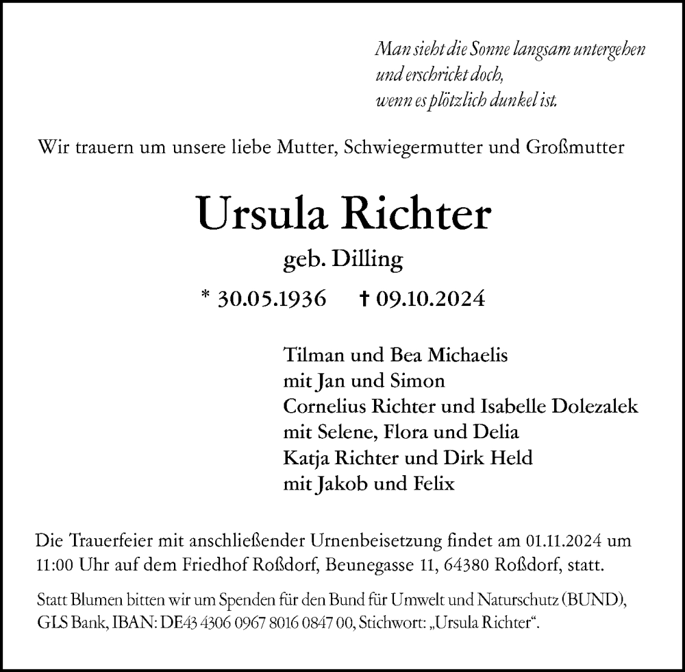  Traueranzeige für Ursula Richter vom 26.10.2024 aus Darmstädter Echo