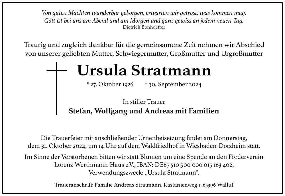  Traueranzeige für Ursula Stratmann vom 12.10.2024 aus Wiesbadener Kurier