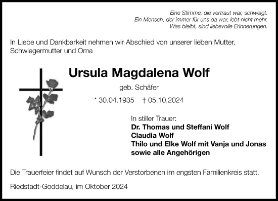 Traueranzeige von Ursula Magdalena Wolf von Darmstädter Echo