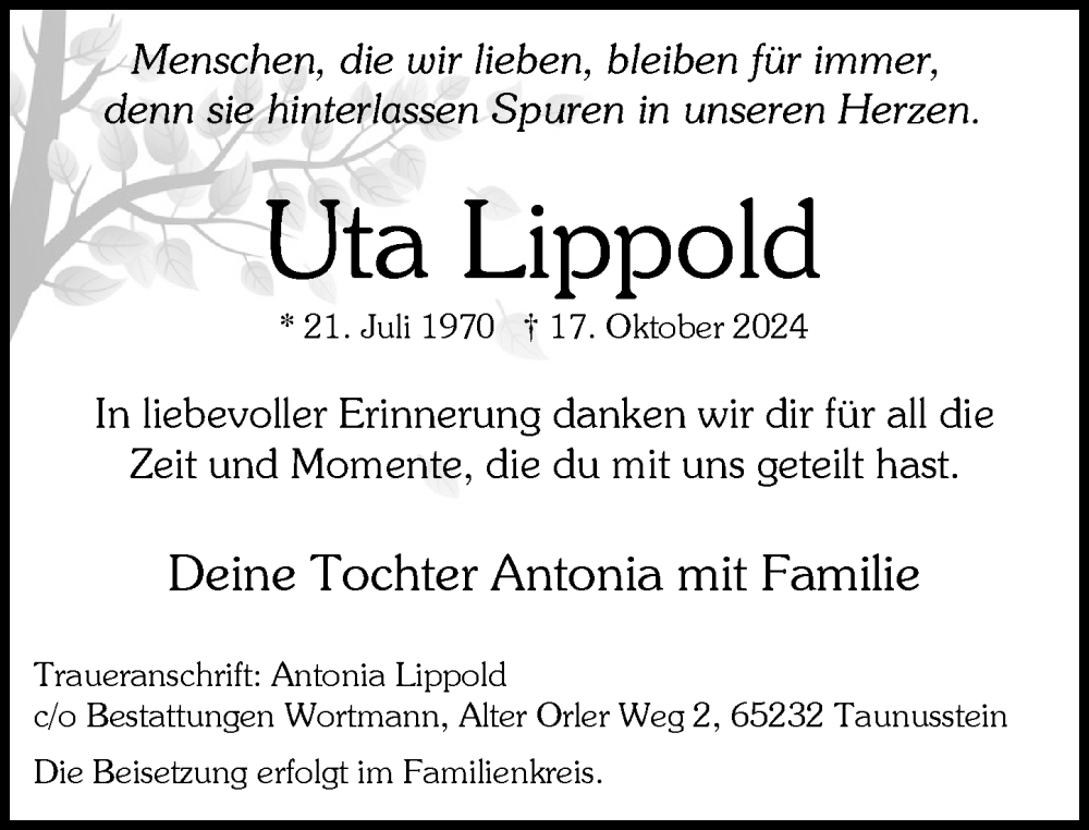  Traueranzeige für Uta Lippold vom 26.10.2024 aus Wiesbadener Kurier