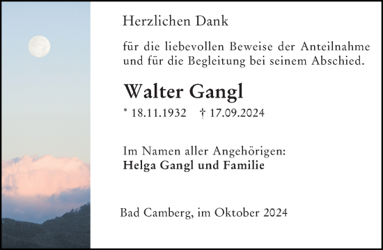 Traueranzeige von Walter Gangl von Camberger Anzeiger