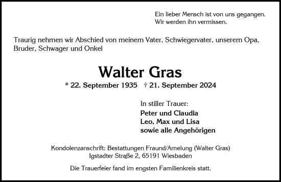 Traueranzeige von Walter Gras von Wiesbadener Kurier