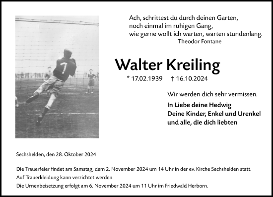 Traueranzeige von Walter Kreiling von Dill Block