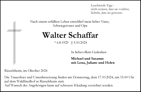 Traueranzeige von Walter Schaffar von Rüsselsheimer Echo