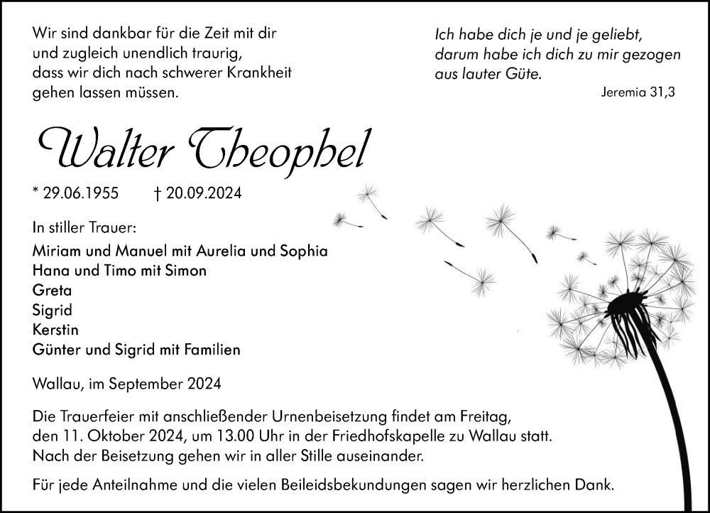  Traueranzeige für Walter Theophel vom 08.10.2024 aus Hinterländer Anzeiger