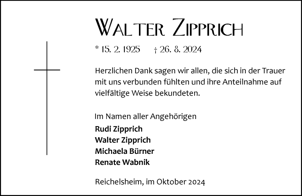  Traueranzeige für Walter Zipprich vom 19.10.2024 aus Odenwälder Echo