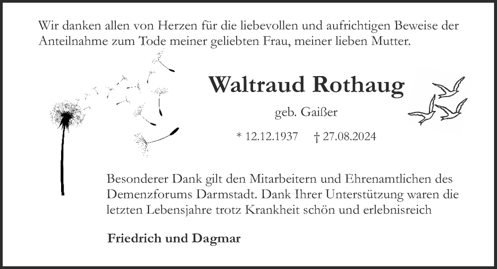  Traueranzeige für Waltraud Rothaug vom 12.10.2024 aus Darmstädter Echo
