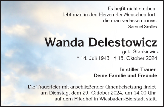 Traueranzeige von Wanda Delestowicz von Wiesbadener Kurier