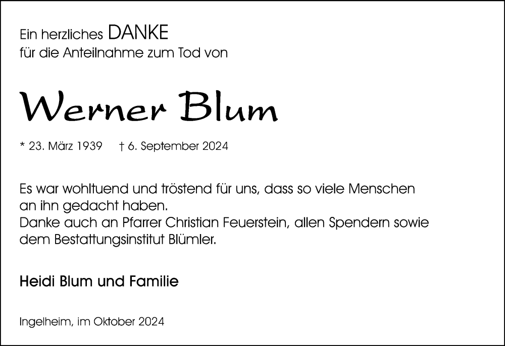  Traueranzeige für Werner Blum vom 19.10.2024 aus Allgemeine Zeitung Rheinhessen-Nahe