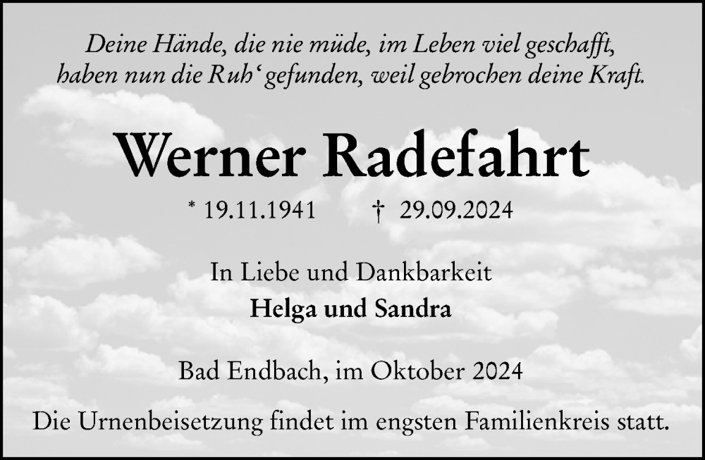  Traueranzeige für Werner Radefahrt vom 07.10.2024 aus Hinterländer Anzeiger