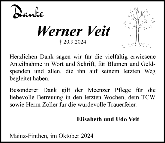 Traueranzeige von Werner Veit von Allgemeine Zeitung Mainz