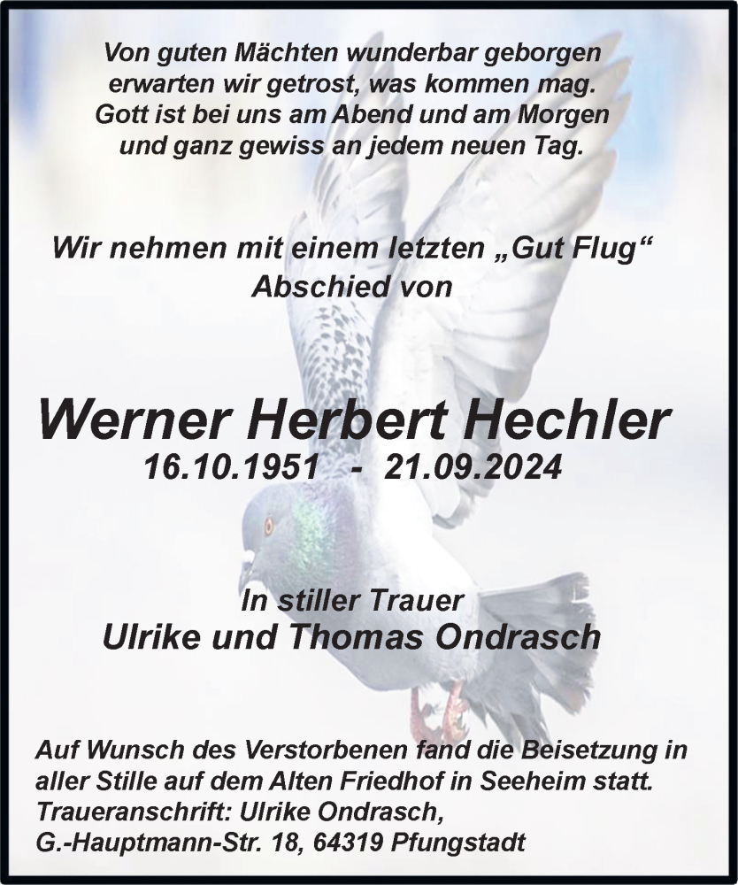  Traueranzeige für Werner Herbert Hechler vom 12.10.2024 aus Darmstädter Echo