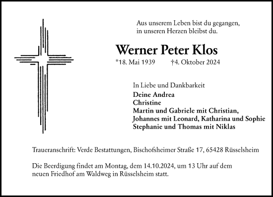Traueranzeige von Werner Peter Klos von Rüsselsheimer Echo