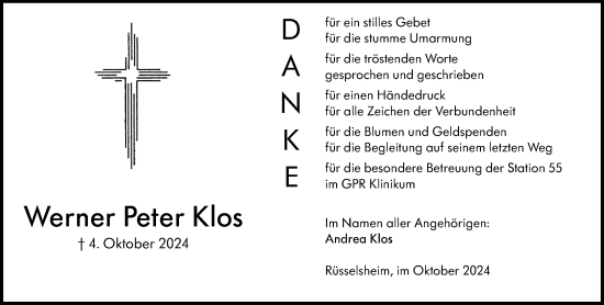 Traueranzeige von Werner Peter Klos von Rüsselsheimer Echo