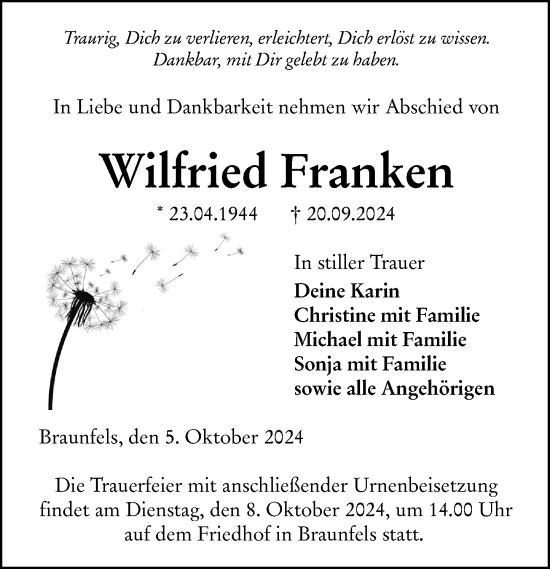 Traueranzeige von Wilfried Franken von Wetzlarer Neue Zeitung