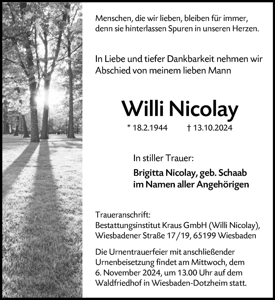  Traueranzeige für Willi Nicolay vom 26.10.2024 aus Wiesbadener Kurier