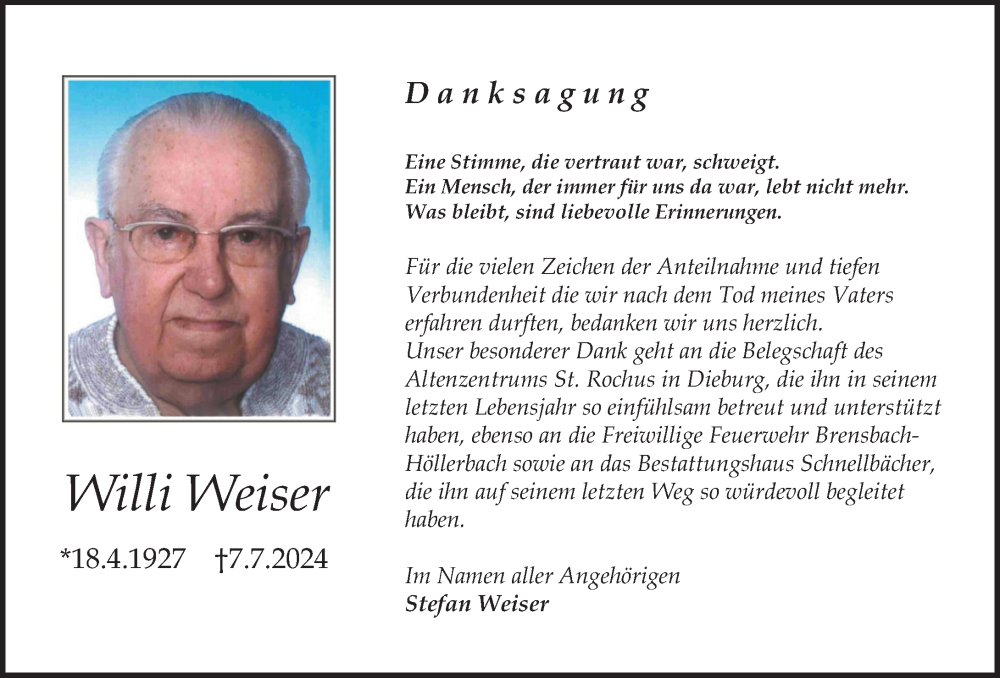  Traueranzeige für Willi Weiser vom 05.10.2024 aus Darmstädter Echo