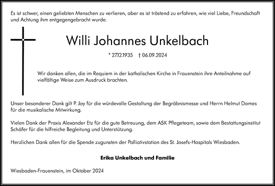 Traueranzeige von Willi Johannes Unkelbach von Wiesbadener Kurier