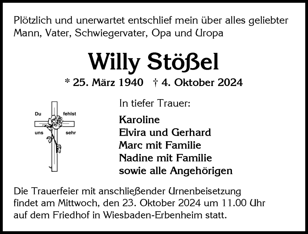  Traueranzeige für Willy Stößel vom 12.10.2024 aus Wiesbadener Kurier