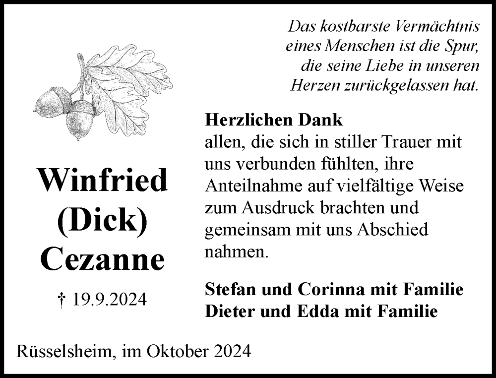  Traueranzeige für Winfried Cezanne vom 19.10.2024 aus Rüsselsheimer Echo