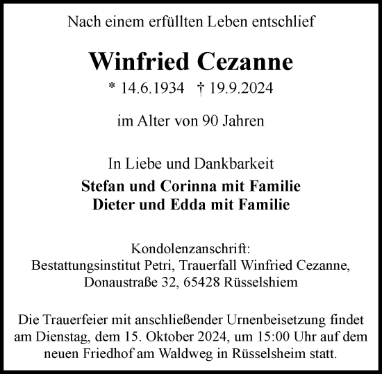 Traueranzeige von Winfried Cezanne von Rüsselsheimer Echo