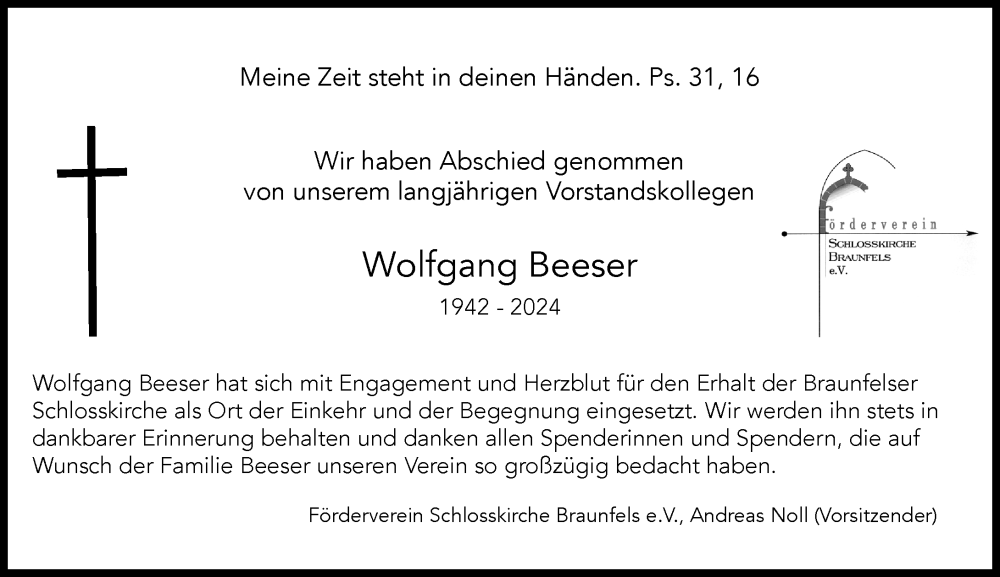  Traueranzeige für Wolfgang Beeser vom 05.10.2024 aus Wetzlarer Neue Zeitung
