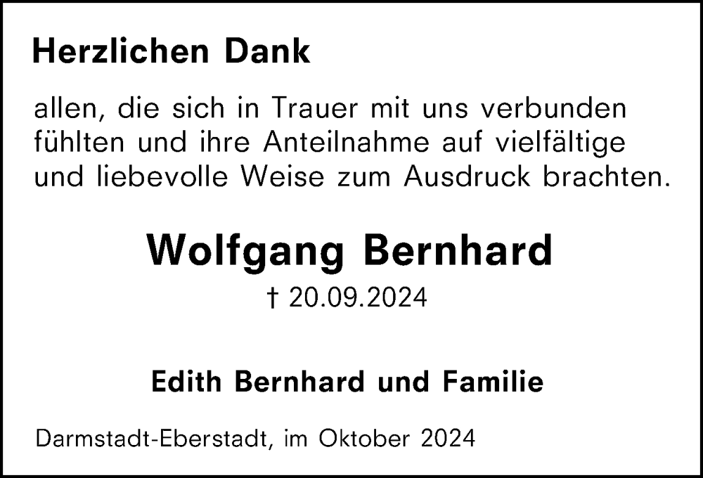  Traueranzeige für Wolfgang Bernhard vom 19.10.2024 aus Darmstädter Echo