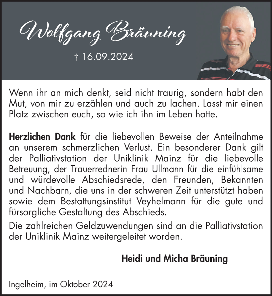  Traueranzeige für Wolfgang Bräuning vom 26.10.2024 aus Allgemeine Zeitung Rheinhessen-Nahe