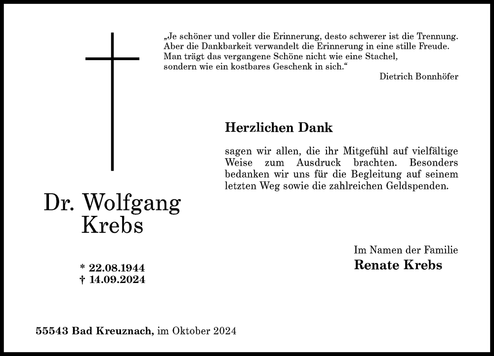  Traueranzeige für Wolfgang Krebs vom 19.10.2024 aus Allgemeine Zeitung Rheinhessen-Nahe