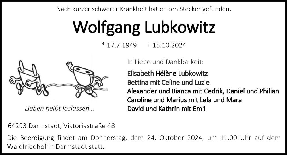  Traueranzeige für Wolfgang Lubkowitz vom 19.10.2024 aus Darmstädter Echo
