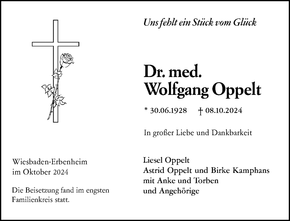  Traueranzeige für Wolfgang Oppelt vom 26.10.2024 aus Wiesbadener Kurier