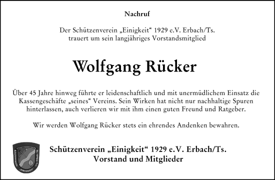 Traueranzeige von Wolfgang Rücker von Camberger Anzeiger