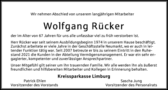 Traueranzeige von Wolfgang Rücker von Nassauische Neue Presse