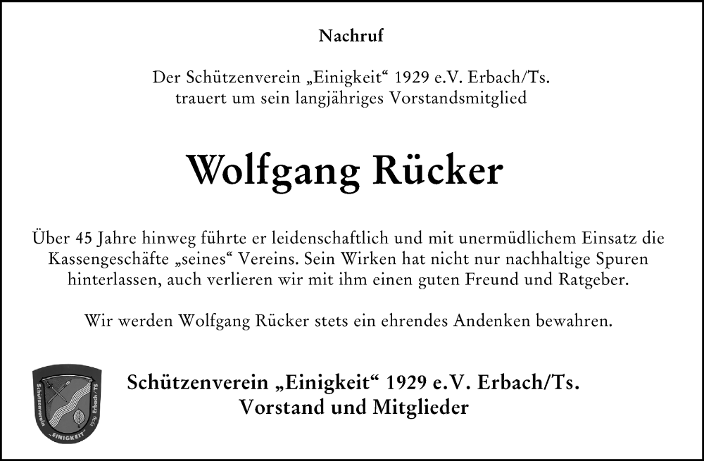  Traueranzeige für Wolfgang Rücker vom 17.10.2024 aus Camberger Anzeiger