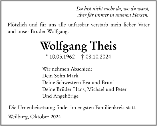 Traueranzeige von Wolfgang Theis von Weilburger Tageblatt