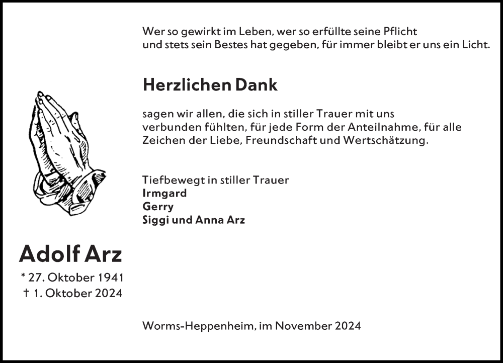  Traueranzeige für Adolf Arz vom 25.11.2024 aus Wormser Zeitung