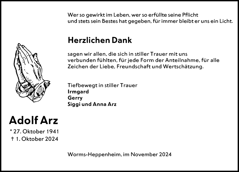  Traueranzeige für Adolf Arz vom 23.11.2024 aus Allgemeine Zeitung Alzey