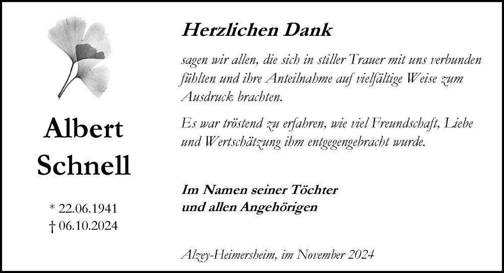  Traueranzeige für Albert Schnell vom 16.11.2024 aus Allgemeine Zeitung Alzey