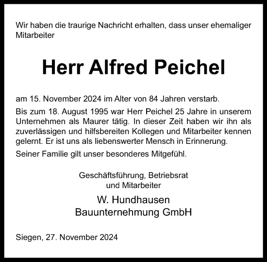 Traueranzeige von Alfred Peichel von Dill Block