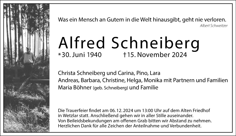 Traueranzeige für Alfred Schneiberg vom 30.11.2024 aus Wetzlarer Neue Zeitung