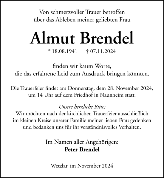 Traueranzeige von Almut Brendel von Wetzlarer Neue Zeitung