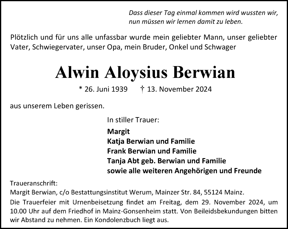  Traueranzeige für Alwin Aloysius Berwian vom 23.11.2024 aus Allgemeine Zeitung Mainz