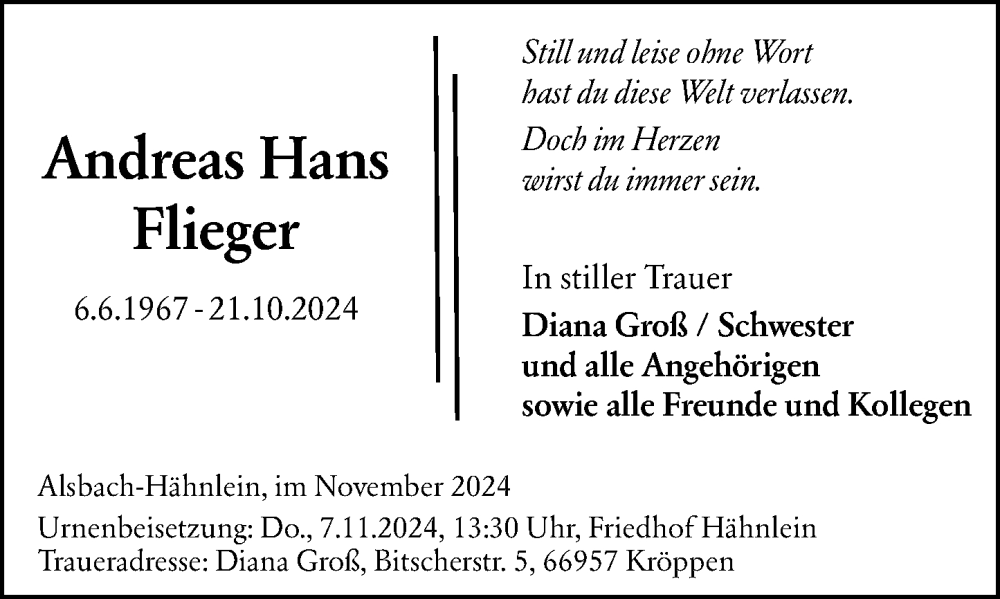  Traueranzeige für Andreas Hans Flieger vom 02.11.2024 aus Darmstädter Echo