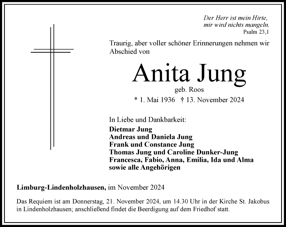  Traueranzeige für Anita Jung vom 16.11.2024 aus Nassauische Neue Presse