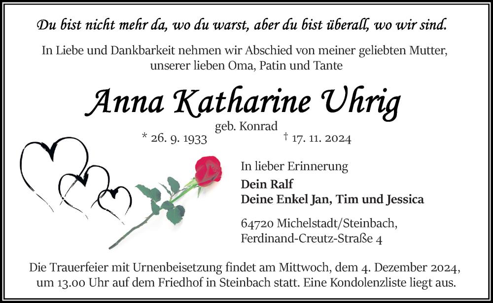  Traueranzeige für Anna Katharine Uhrig vom 23.11.2024 aus Odenwälder Echo