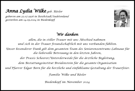 Traueranzeige von Anna Lydia Wilke von Hinterländer Anzeiger