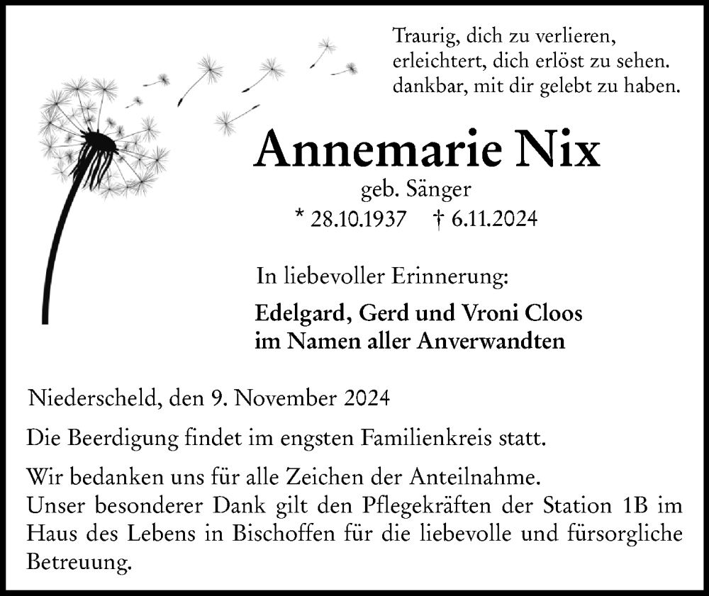  Traueranzeige für Anneemarie Nix vom 09.11.2024 aus Dill Block