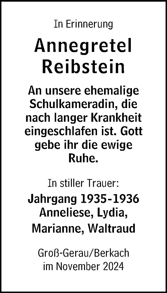  Traueranzeige für Annegretel Reibstein vom 09.11.2024 aus Groß-Gerauer Echo
